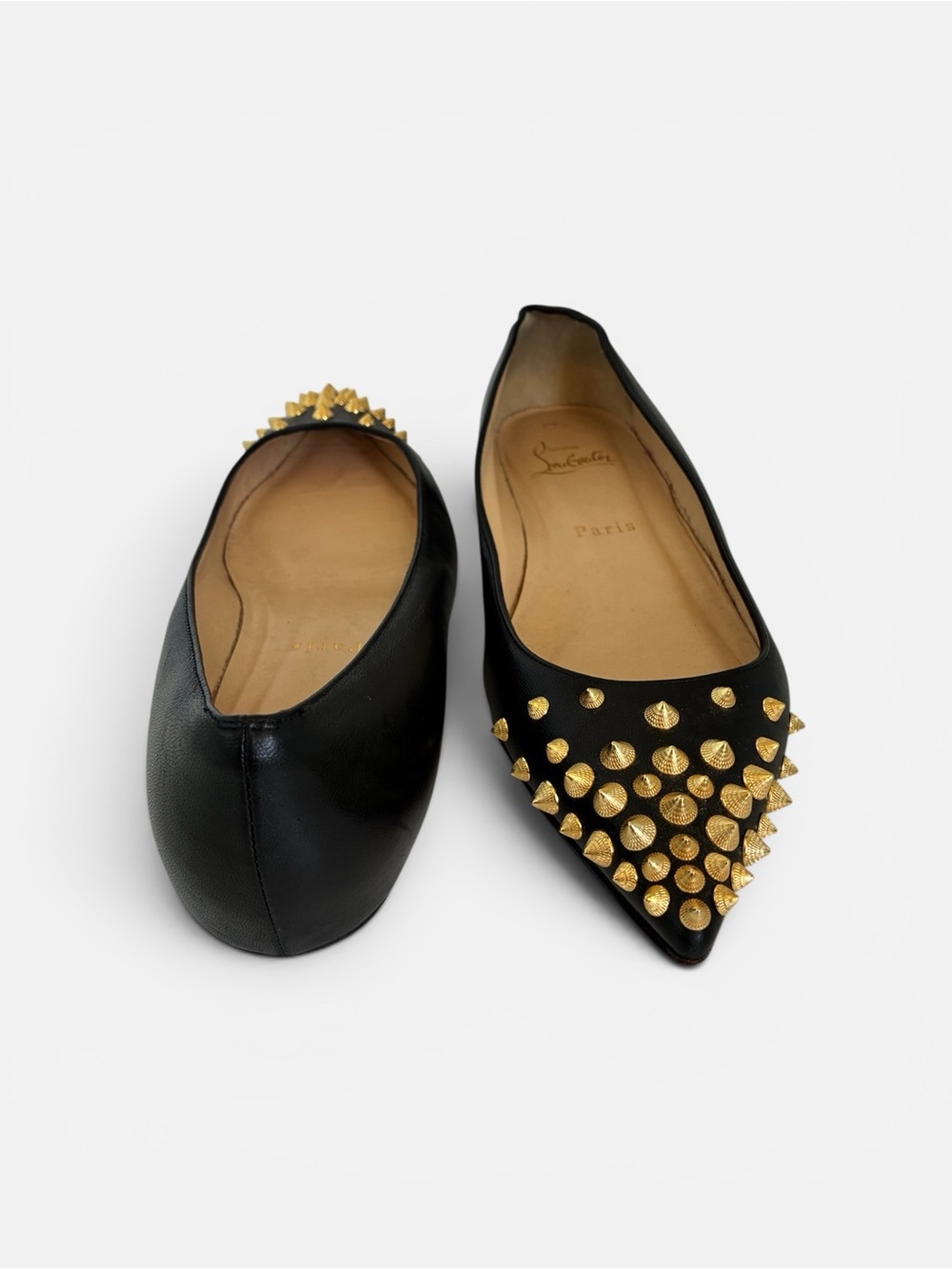 Christian Louboutin Black Leather Pointed Flats with Gold Spikes - Picture 3 of 7